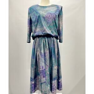 Vintage 80s M.C.S. Teal‎ Purple Abstract Watercolor Midi Dress w/Shoulder Pads
